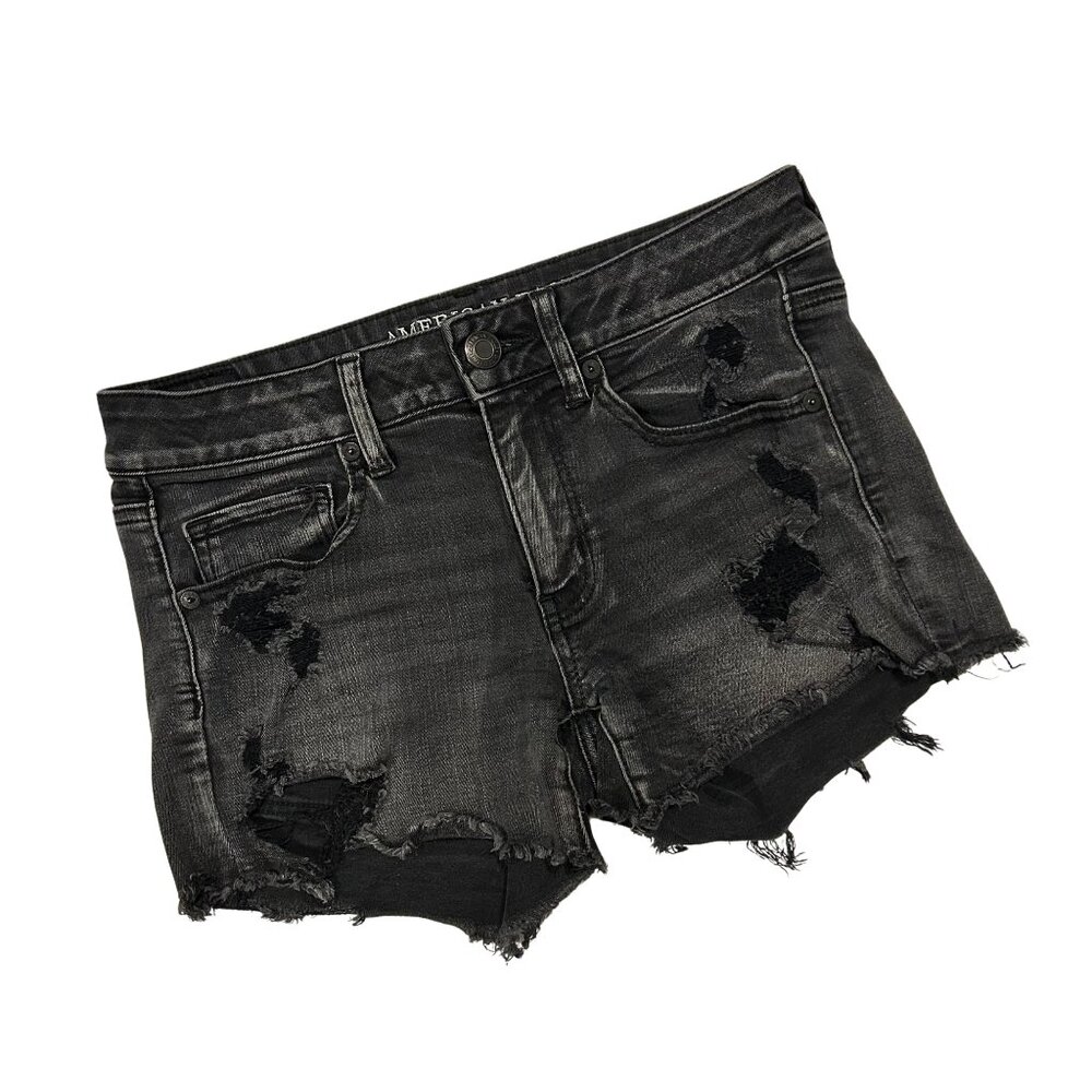 American Eagle Women's Midi Super Stretch Black Distressed Jean Shorts